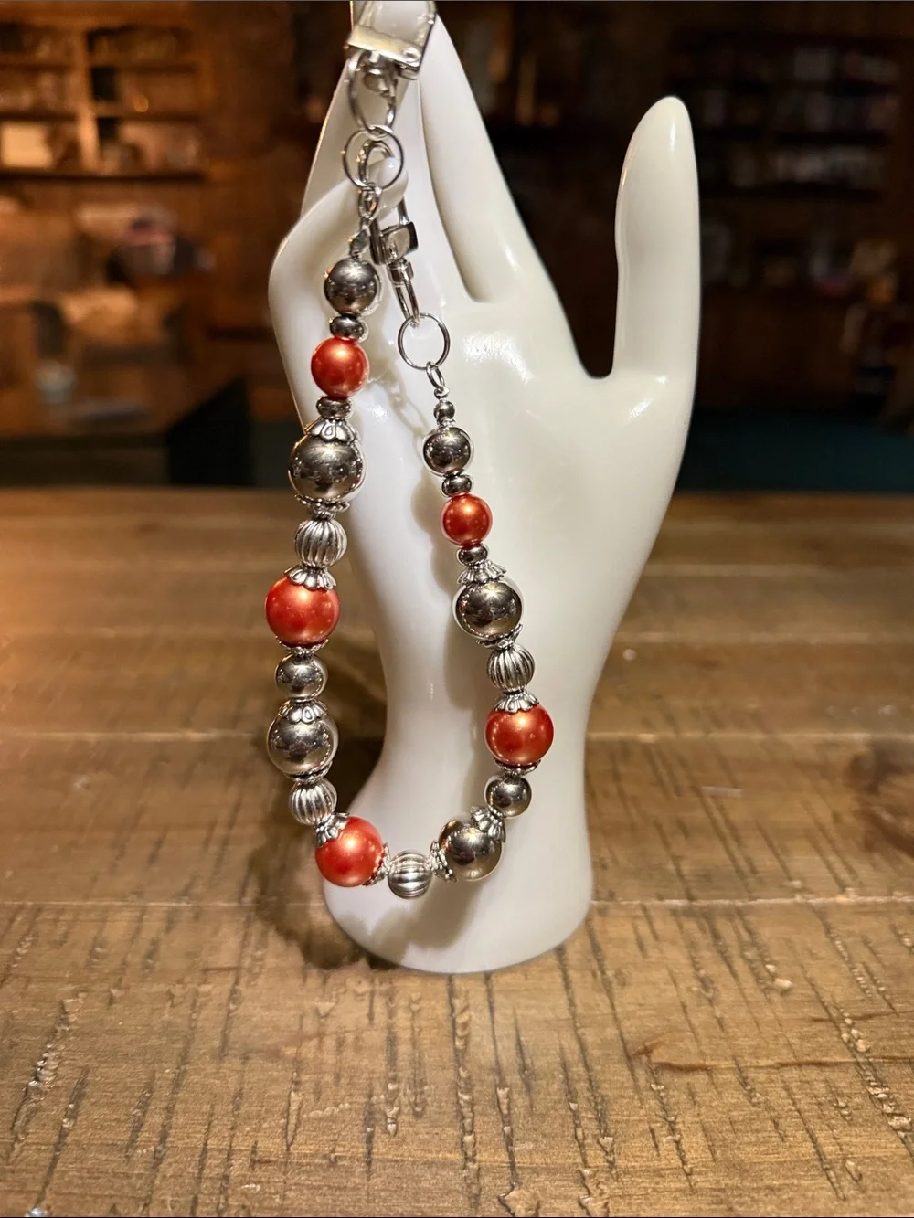 Silver and Orange Beaded Bracelet - keychain